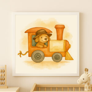 Watercolor dog train locomotive printable for farm nursery decor