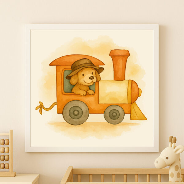 Watercolor dog train locomotive printable for farm nursery decor