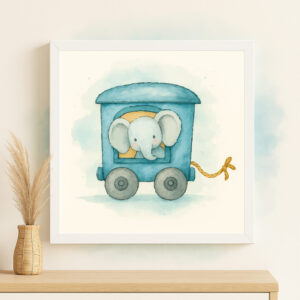 Watercolor elephant train wall art printable in soft pastel tones for safari nursery decor