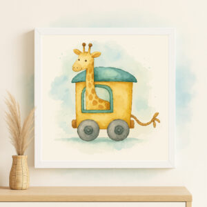 Watercolor giraffe train wall art printable in warm pastel colors for safari nursery decor