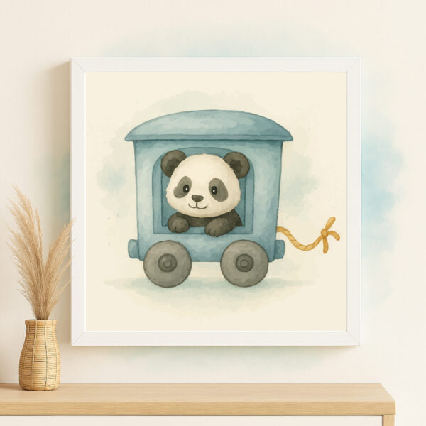 Watercolor panda train wall art printable for rainforest nursery decor