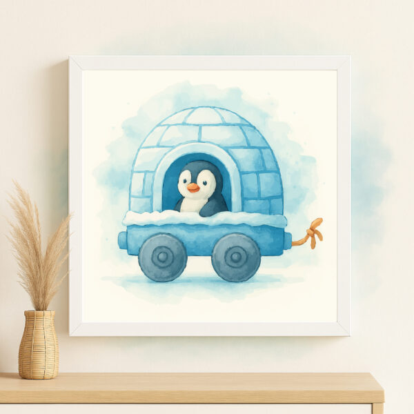 Watercolor Penguin Train Wall Art Printable – Arctic Nursery Decor