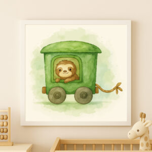 Watercolor sloth train wall art printable for rainforest nursery decor
