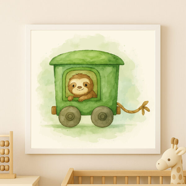 Watercolor sloth train wall art printable for rainforest nursery decor