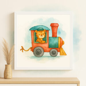 Watercolor tiger train locomotive printable for rainforest nursery decor