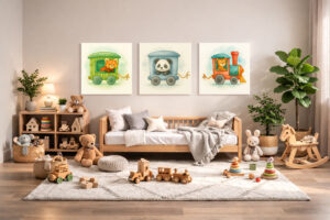 Watercolor rainforest animal train wall art bundle with tiger locomotive panda wagon and red panda wagon nursery prints