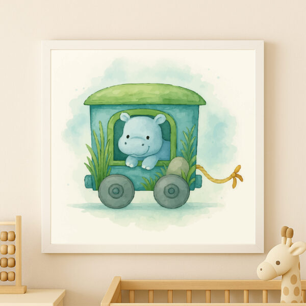 watercolor hippo train wall art printable