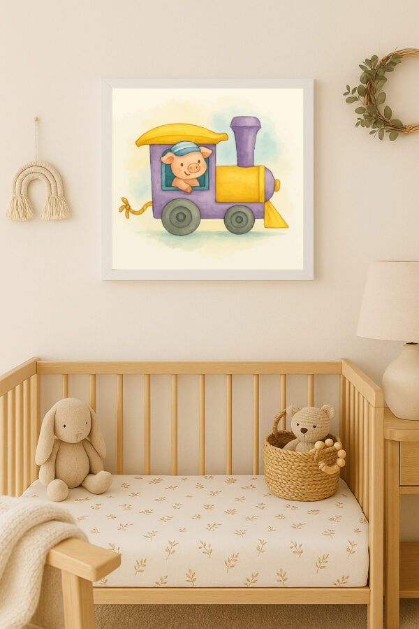 Watercolor Pig Train Locomotive Print – Scandinavian Nursery Wall Art for Kids