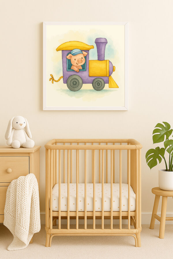 Watercolor Pig Train Locomotive Print – Scandinavian Nursery Wall Art for Kids