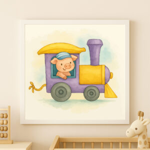 Watercolor Pig Train Locomotive Print – Scandinavian Nursery Wall Art for Kids