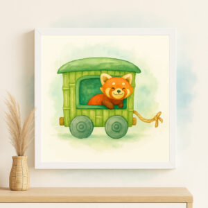 Watercolor red panda train wall art printable for rainforest nursery decor