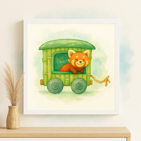 Watercolor red panda train wall art printable for rainforest nursery decor
