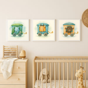 water buffalo antelope hippo train wall art bundle watercolor nursery printable set