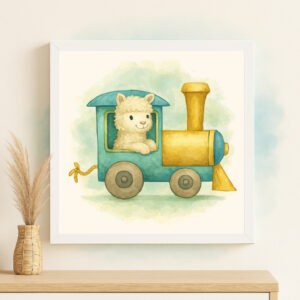 Watercolor alpaca train locomotive printable for rainforest nursery decor