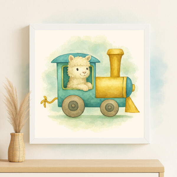 Watercolor alpaca train locomotive printable for rainforest nursery decor
