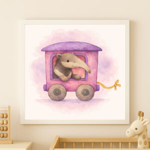 Watercolor anteater train wall art printable for rainforest nursery decor