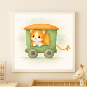 Watercolor cat train wall art printable for farm nursery decor