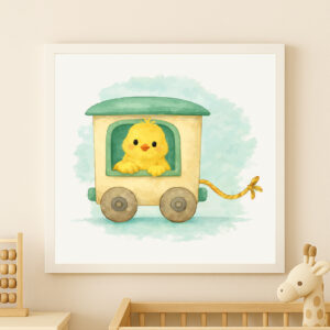 Watercolor chick train wall art printable for farm nursery decor