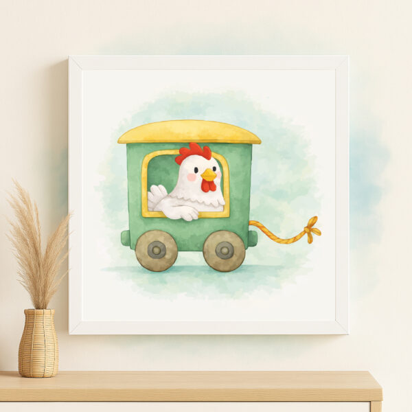 Watercolor chicken train wall art printable for farm nursery decor
