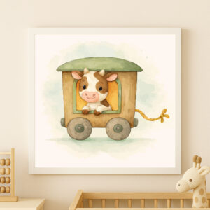 Watercolor cow train wall art printable for farm nursery decor
