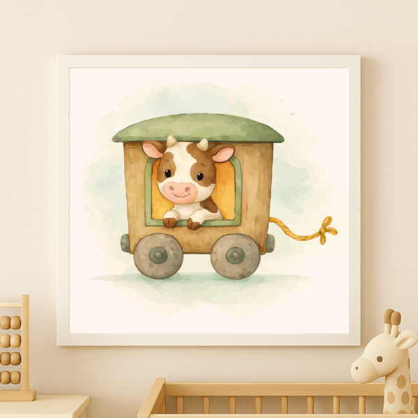 Watercolor cow train wall art printable for farm nursery decor