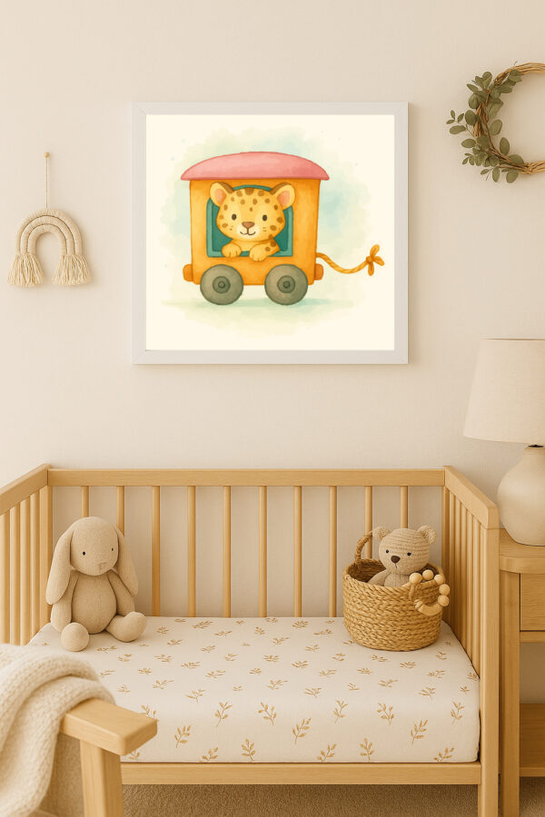 Watercolor Leopard Train Wagon Print – Safari Nursery Wall Art for Kids