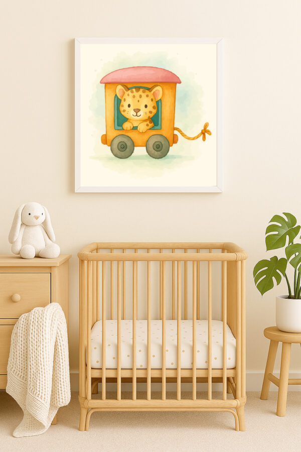 Watercolor Leopard Train Wagon Print – Safari Nursery Wall Art for Kids