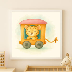 Watercolor Leopard Train Wagon Print – Safari Nursery Wall Art for Kids