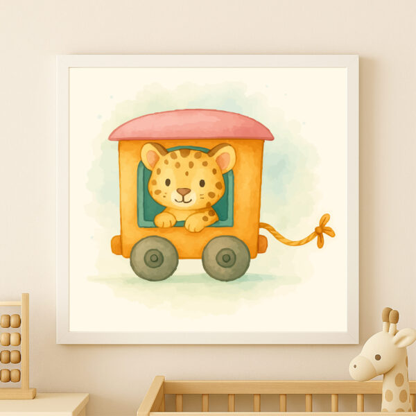 Watercolor Leopard Train Wagon Print – Safari Nursery Wall Art for Kids