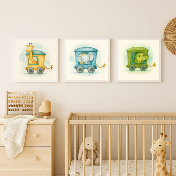 safari animal train wall art bundle watercolor nursery printable set
