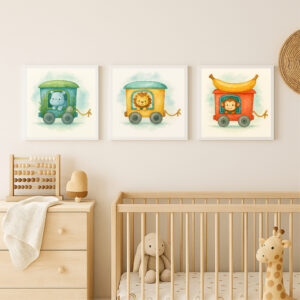 safari animal train wall art bundle monkey lion hippo printable set