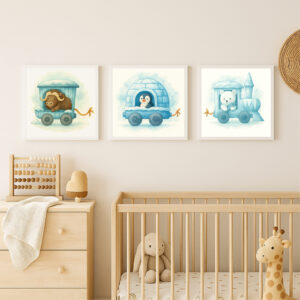 arctic animal train wall art bundle watercolor nursery printable set