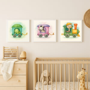 ostrich zebra turtle train wall art bundle watercolor nursery printable set