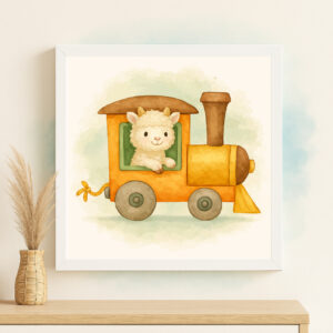 Watercolor goat train locomotive printable for farm nursery decor