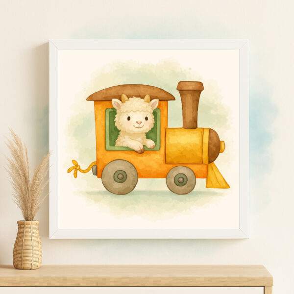 Watercolor goat train locomotive printable for farm nursery decor