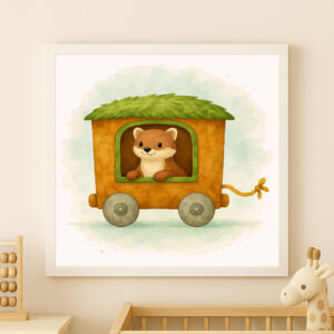 Watercolor pine marten train wall art printable for woodland nursery decor