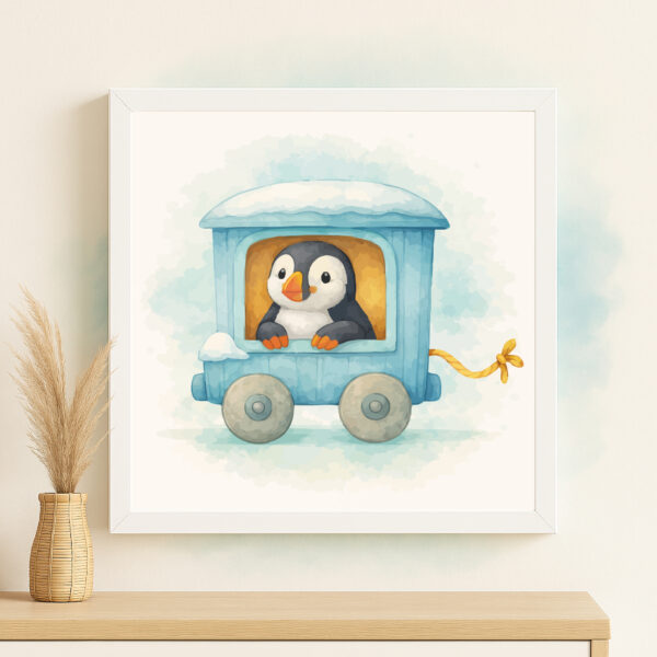 Watercolor puffin train wall art printable for arctic nursery decor