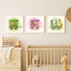 Watercolor rainforest animal train wall art bundle with alpaca locomotive, anteater and sloth printable nursery decor