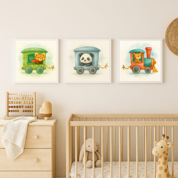 Watercolor rainforest animal train wall art bundle with tiger locomotive panda wagon and red panda wagon nursery prints