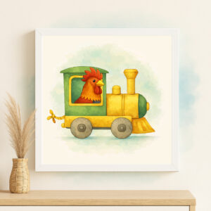 Watercolor rooster train locomotive printable for farm nursery decor