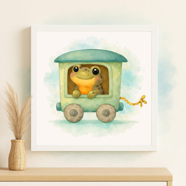 Watercolor salamander train wall art printable for woodland nursery decor