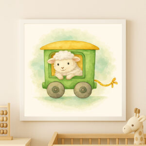 Watercolor sheep train wall art printable for farm nursery decor