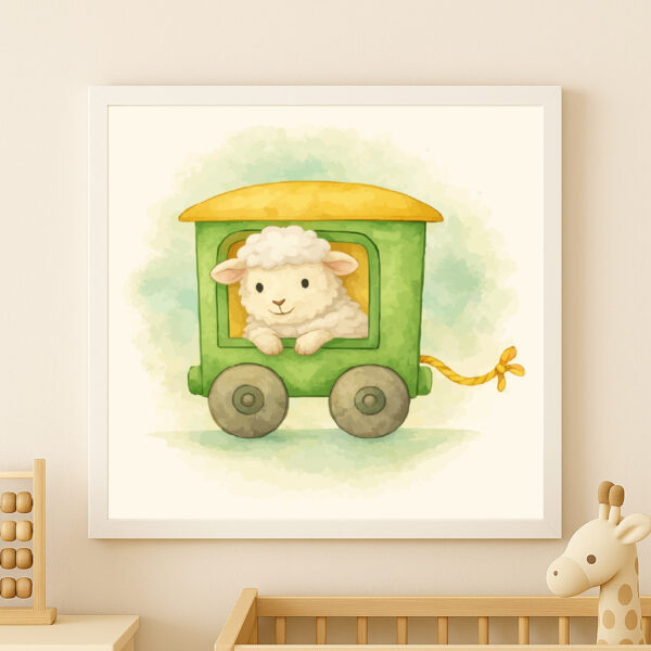 Watercolor sheep train wall art printable for farm nursery decor