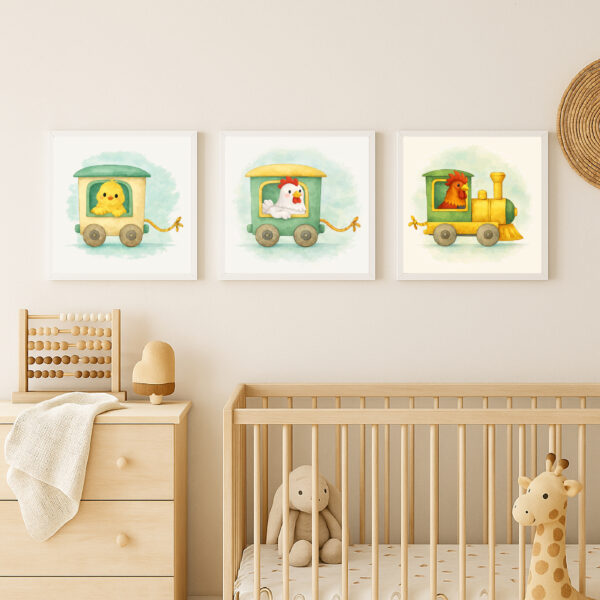Watercolor farm animal train wall art bundle with rooster locomotive chicken wagon and chick wagon nursery prints