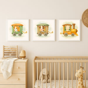 Farm animal train wall art bundle with goat locomotive cow wagon and cat wagon watercolor nursery prints