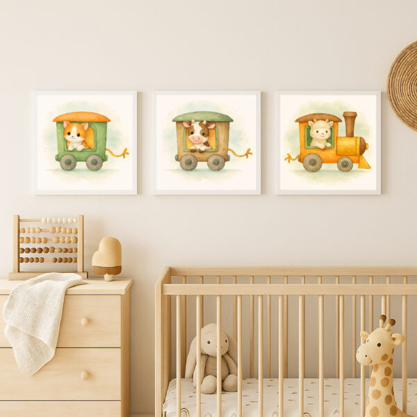 Farm animal train wall art bundle with goat locomotive cow wagon and cat wagon watercolor nursery prints