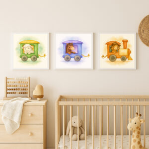 Farm animal train wall art bundle with dog locomotive sheep wagon and horse wagon nursery prints