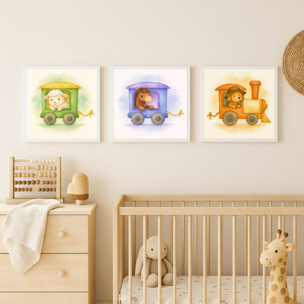 Farm animal train wall art bundle with dog locomotive sheep wagon and horse wagon nursery prints