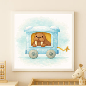 Watercolor walrus train wall art printable for arctic nursery decor