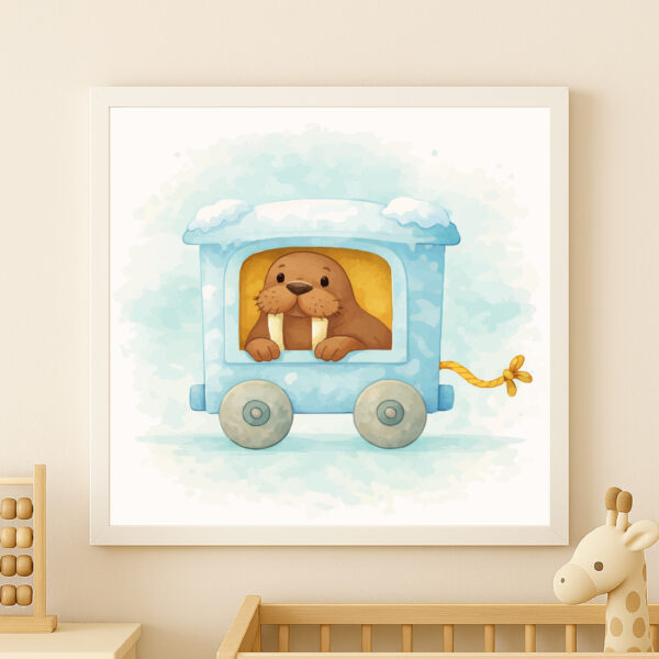 Watercolor walrus train wall art printable for arctic nursery decor
